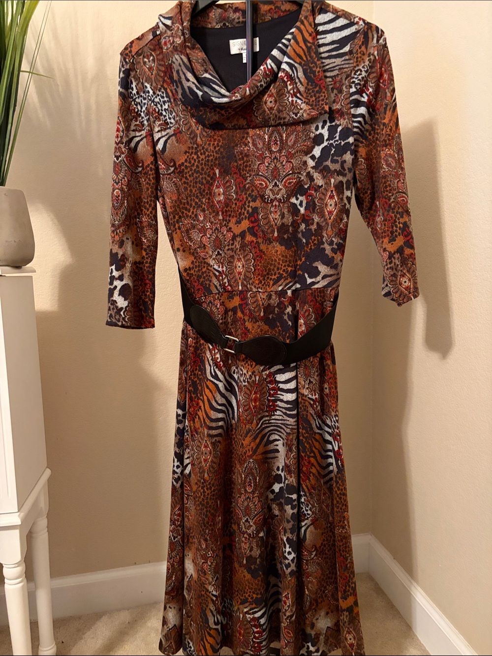 Signature Multi Brown Animal & Paisley Cowl Neck Midi Dress